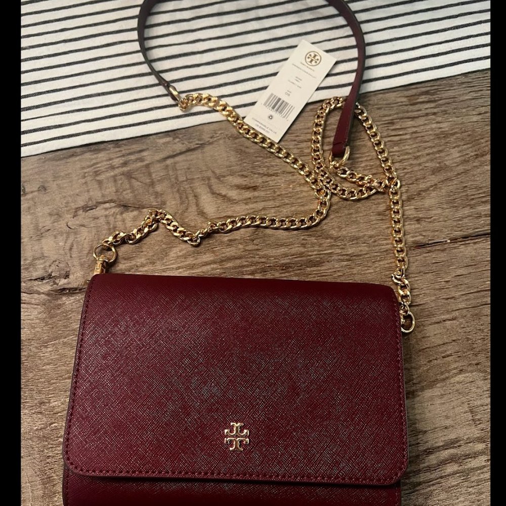 Tory Burch Emerson Chain Wallet Leather Cross Body Bag in Claret NWT